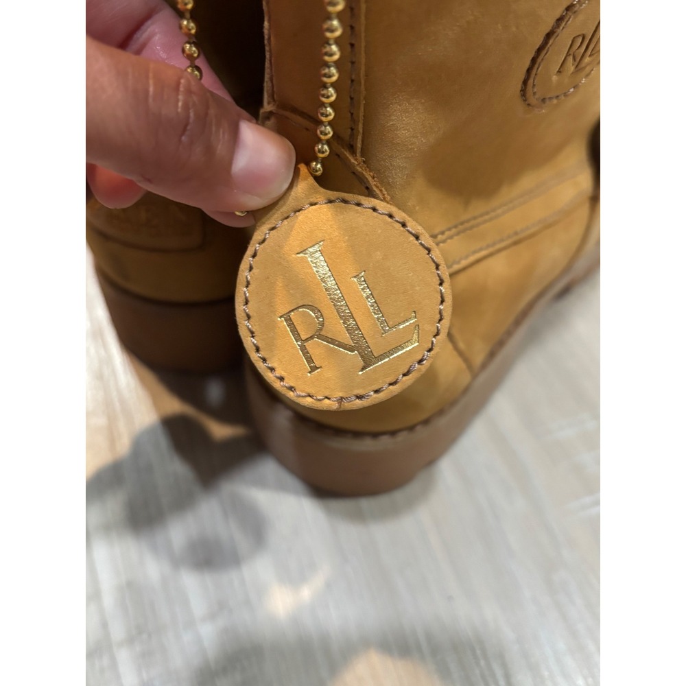 Lauren Ralph Lauren Zera Leather Combat Boots Tan Wheat Buckle Moc Toe 8.5B - Picture 4 of 10